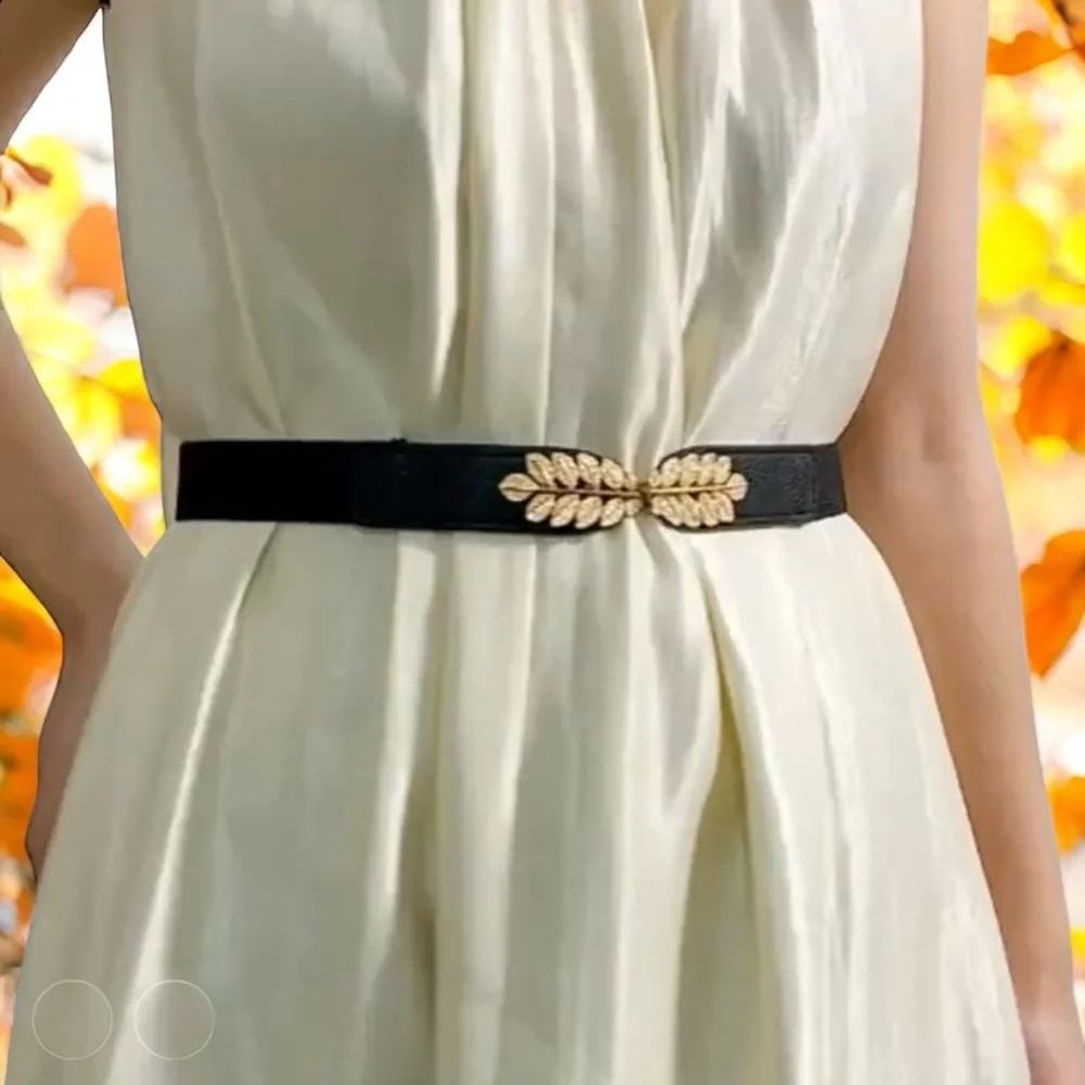 Black Elegant Gold Leaf‎ Buckle Elastic Casual Belt Adjustable One-Size